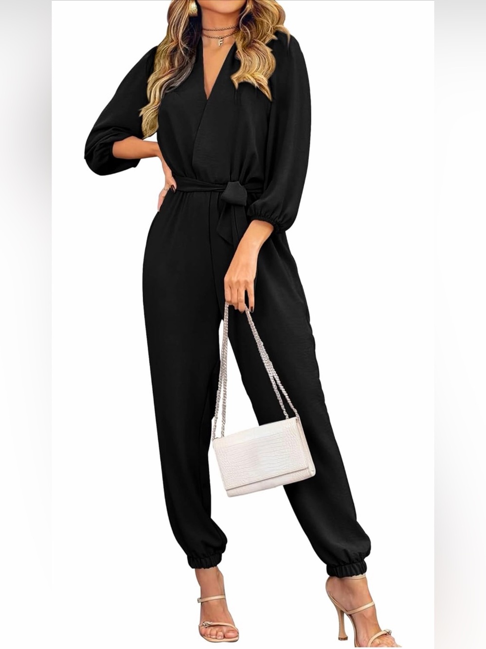 PRETTYGARDEN Long Sleeve V Neck Belt Pockets One piece Romper Jumpsuit MED NEW